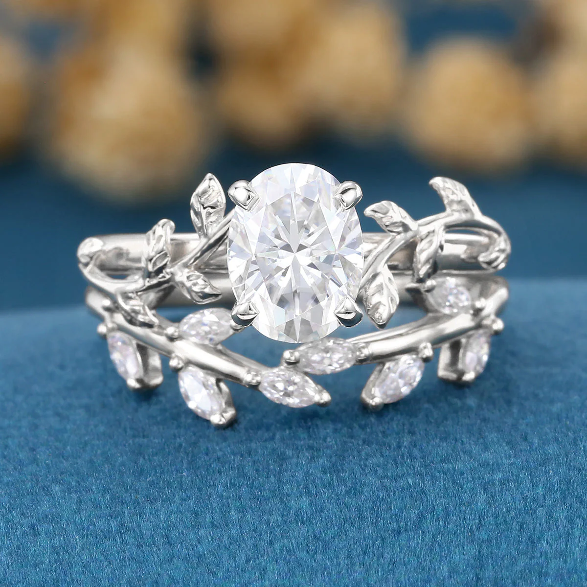 1.2Carat Oval cut Moissanite Leaf Diamonds Rose Gold Wedding Bridal Set - Image 8