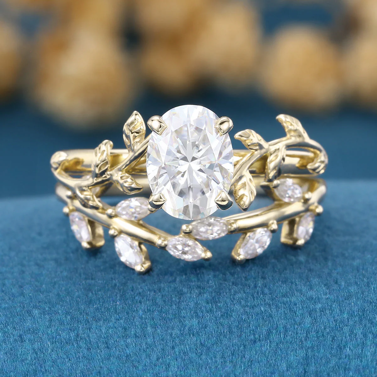 1.2Carat Oval cut Moissanite Leaf Diamonds Rose Gold Wedding Bridal Set - Image 9