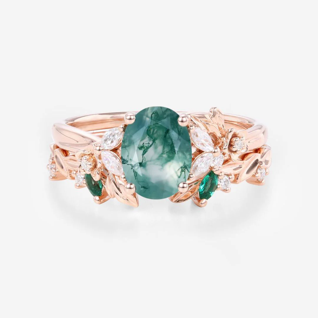 1.2Carat Oval Cut Moss Agate Cluster Engagement ring Bridal Set