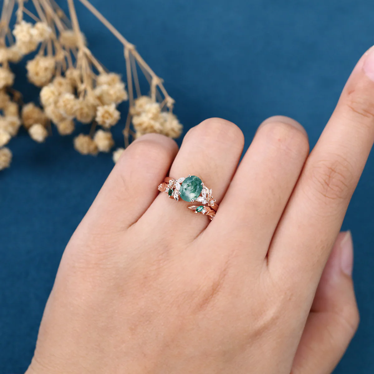 1.2Carat Oval Cut Moss Agate Cluster Engagement ring Bridal Set - Image 2