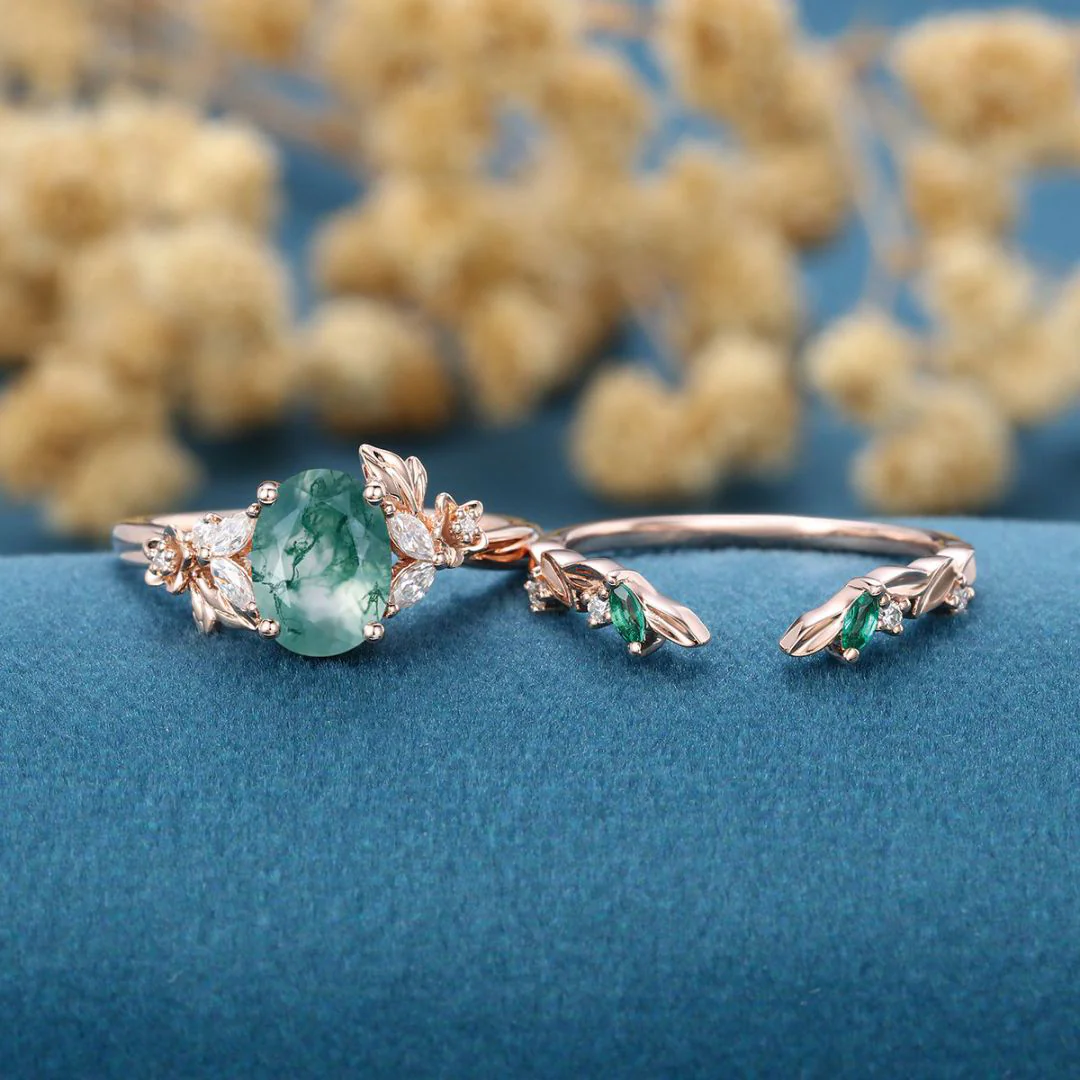 1.2Carat Oval Cut Moss Agate Cluster Engagement ring Bridal Set - Image 3