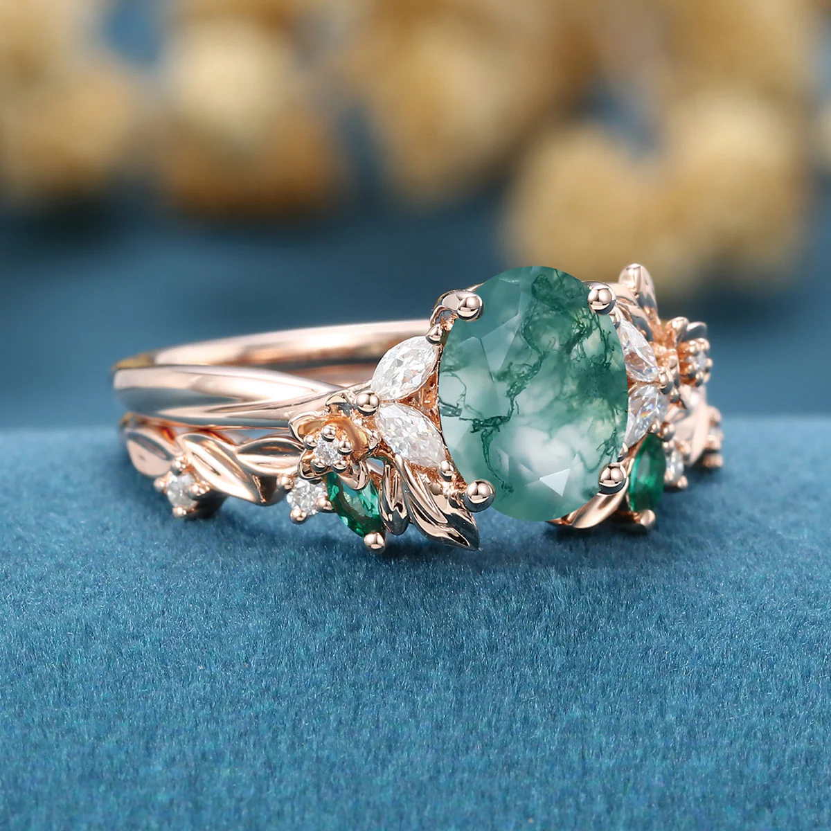 1.2Carat Oval Cut Moss Agate Cluster Engagement ring Bridal Set - Image 4