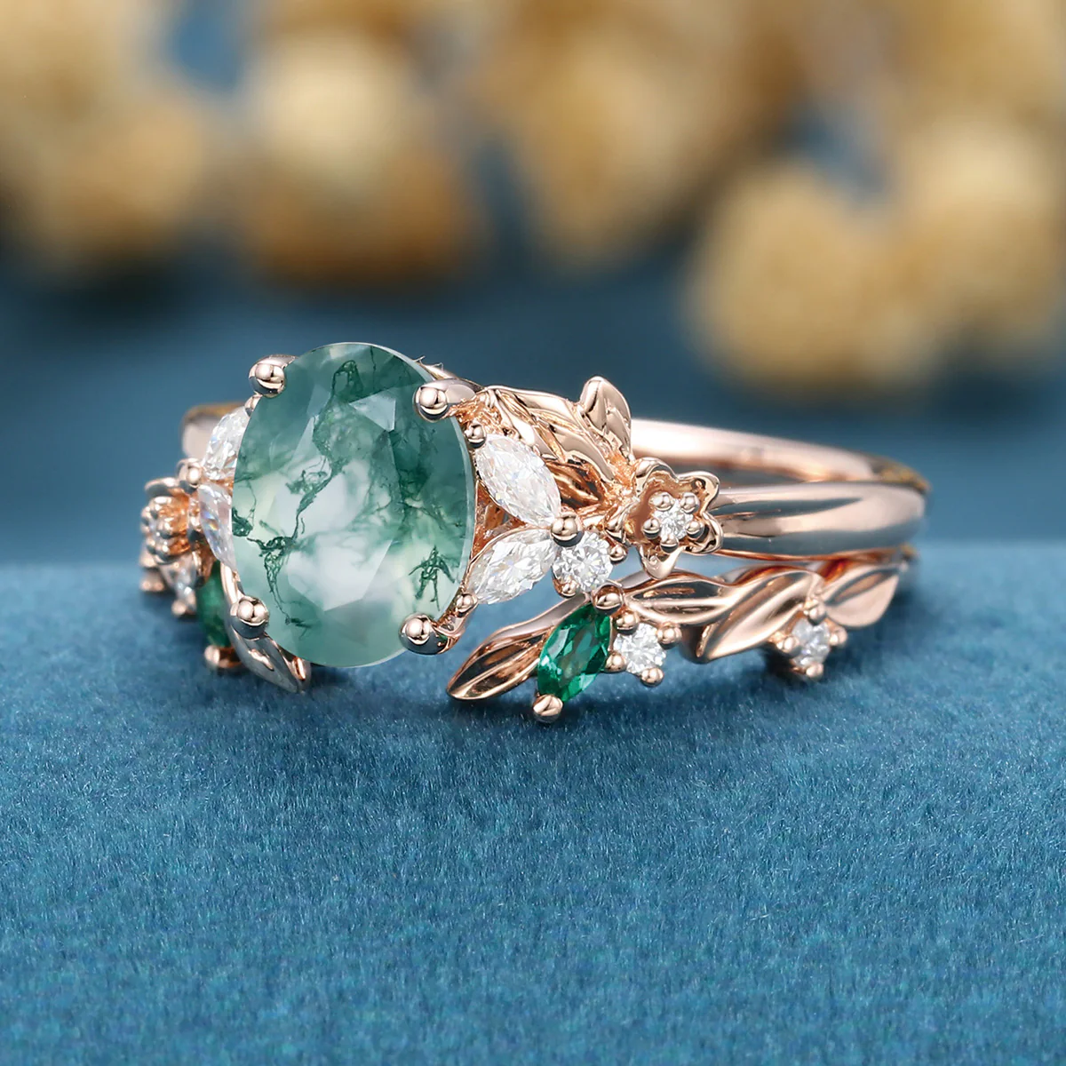 1.2Carat Oval Cut Moss Agate Cluster Engagement ring Bridal Set - Image 5