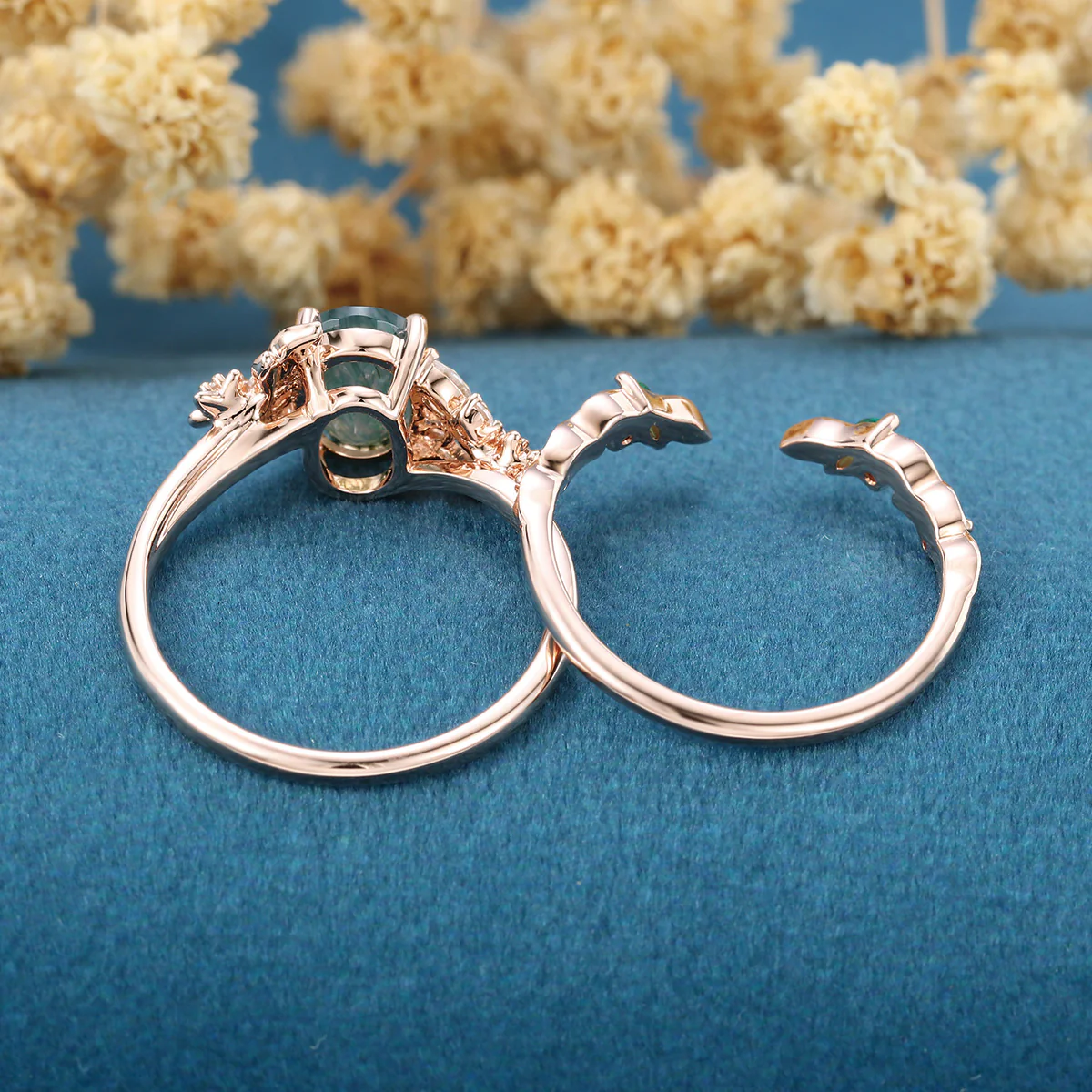 1.2Carat Oval Cut Moss Agate Cluster Engagement ring Bridal Set - Image 6