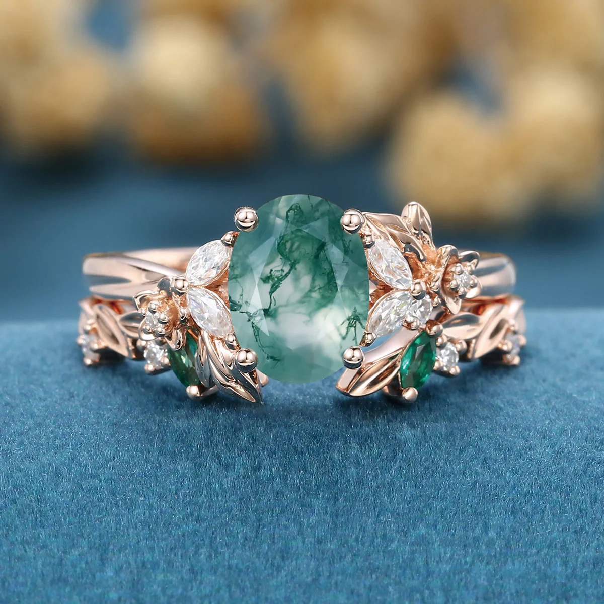 1.2Carat Oval Cut Moss Agate Cluster Engagement ring Bridal Set - Image 7