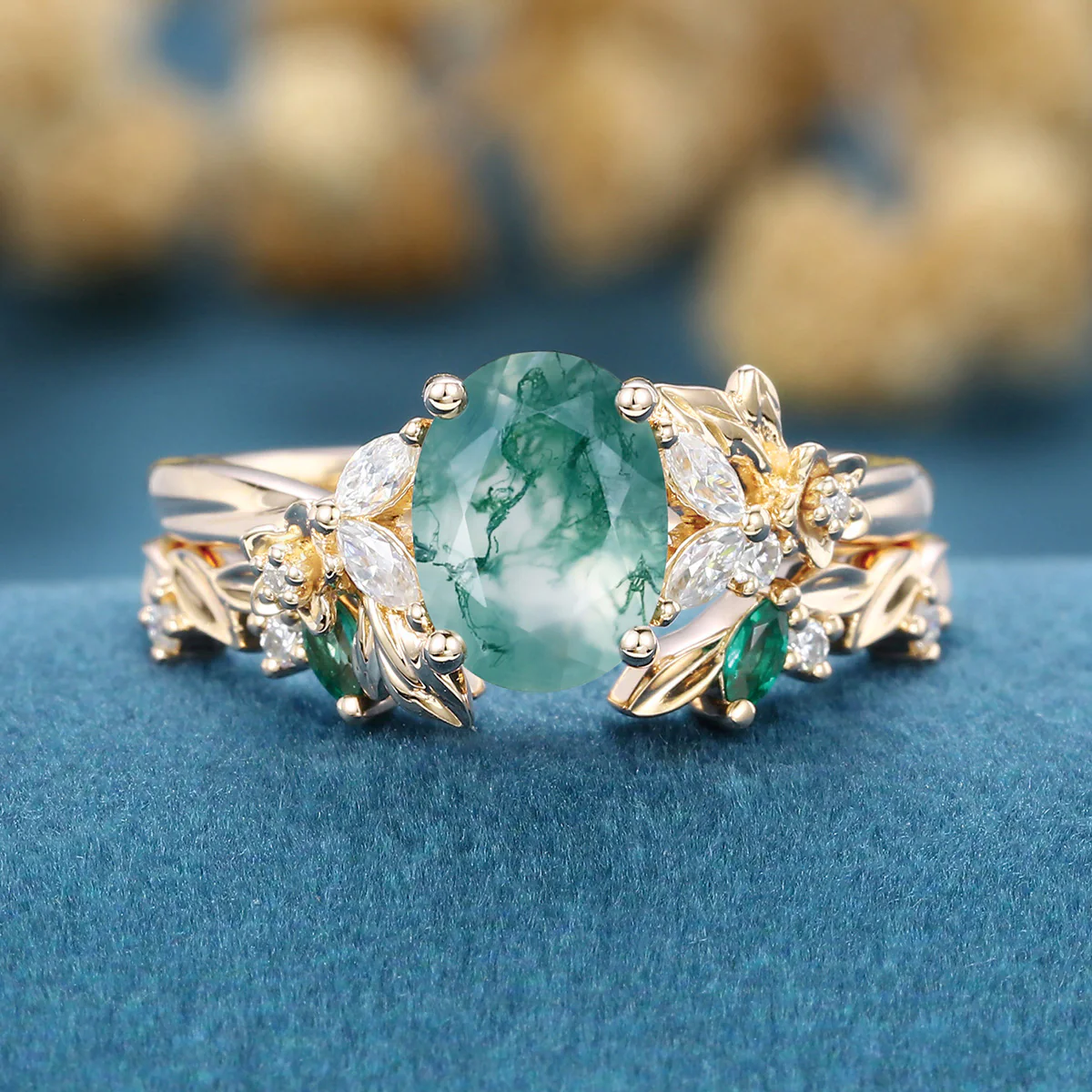 1.2Carat Oval Cut Moss Agate Cluster Engagement ring Bridal Set - Image 8
