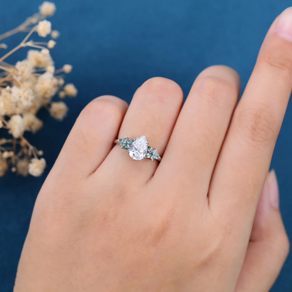 1.2Carat Pear Cut Lab grown diamond Matching Moss Agate Cluster Engagement ring - Image 2