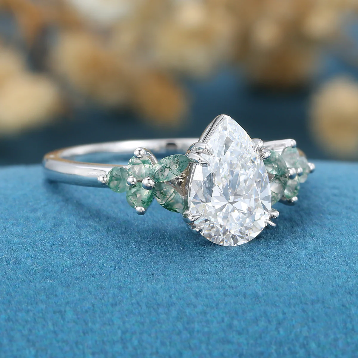 1.2Carat Pear Cut Lab grown diamond Matching Moss Agate Cluster Engagement ring - Image 3