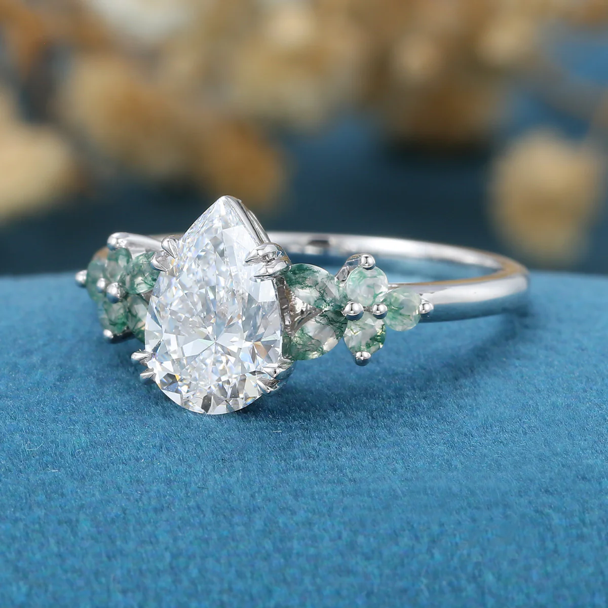 1.2Carat Pear Cut Lab grown diamond Matching Moss Agate Cluster Engagement ring - Image 4