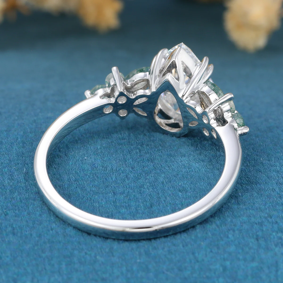 1.2Carat Pear Cut Lab grown diamond Matching Moss Agate Cluster Engagement ring - Image 5