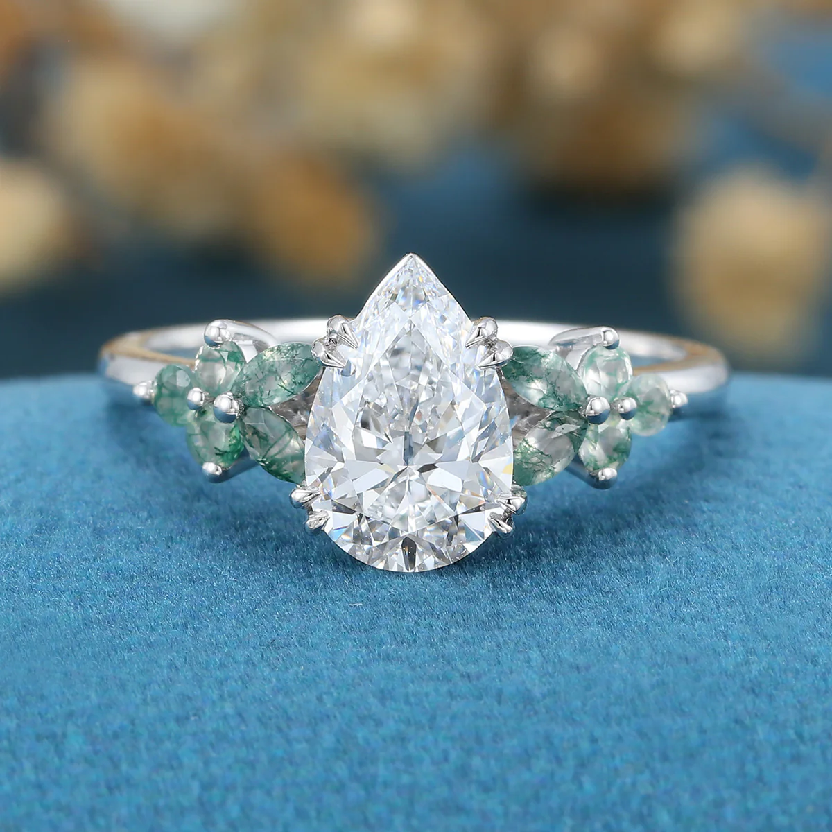 1.2Carat Pear Cut Lab grown diamond Matching Moss Agate Cluster Engagement ring - Image 6