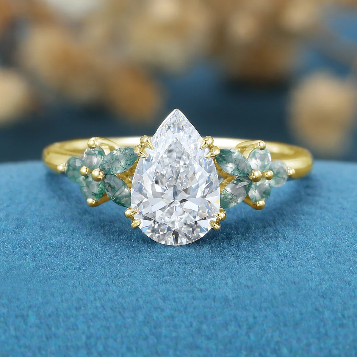 1.2Carat Pear Cut Lab grown diamond Matching Moss Agate Cluster Engagement ring - Image 7