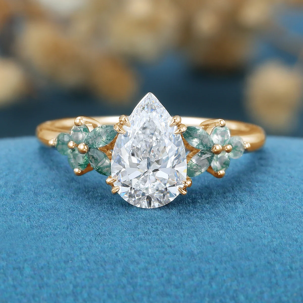 1.2Carat Pear Cut Lab grown diamond Matching Moss Agate Cluster Engagement ring - Image 8