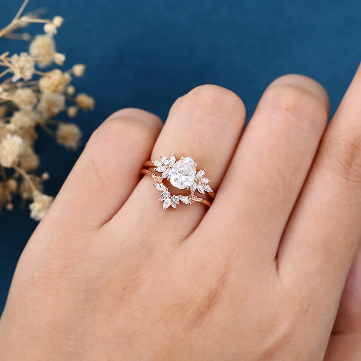 1.2Carat Pear cut Moissanite Engagement Ring Cluster diamonds Rose Gold Wedding Bridal Set - Image 2