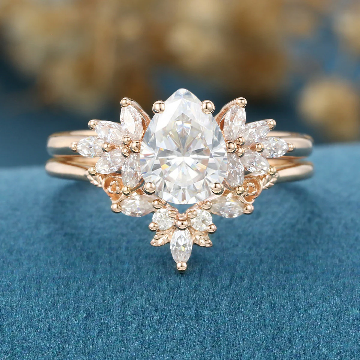 1.2Carat Pear cut Moissanite Engagement Ring Cluster diamonds Rose Gold Wedding Bridal Set - Image 4