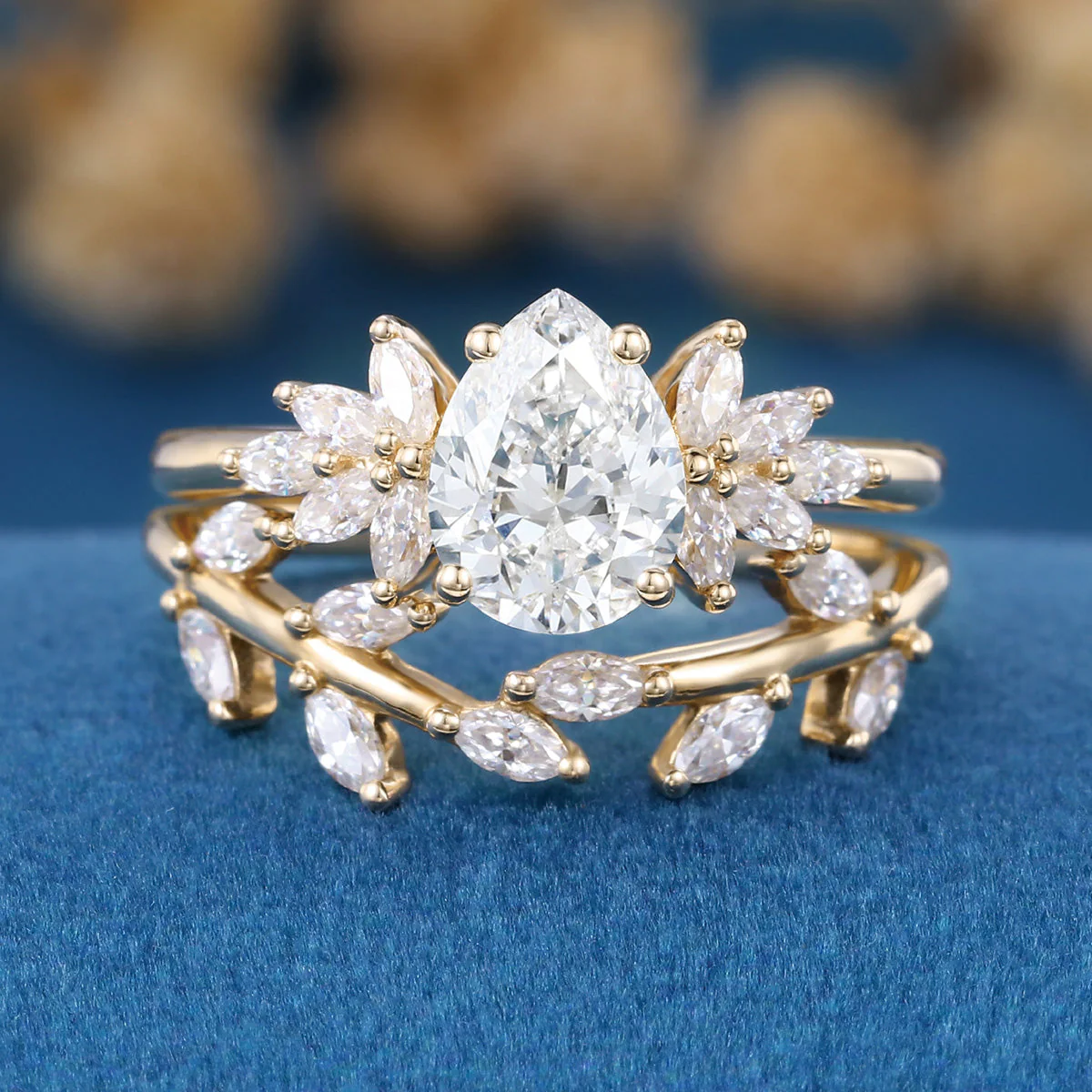 Pear cut Lab-Grown Diamond Engagement ring Rose gold Cluster Diamond Wedding Bridal Set - Image 10