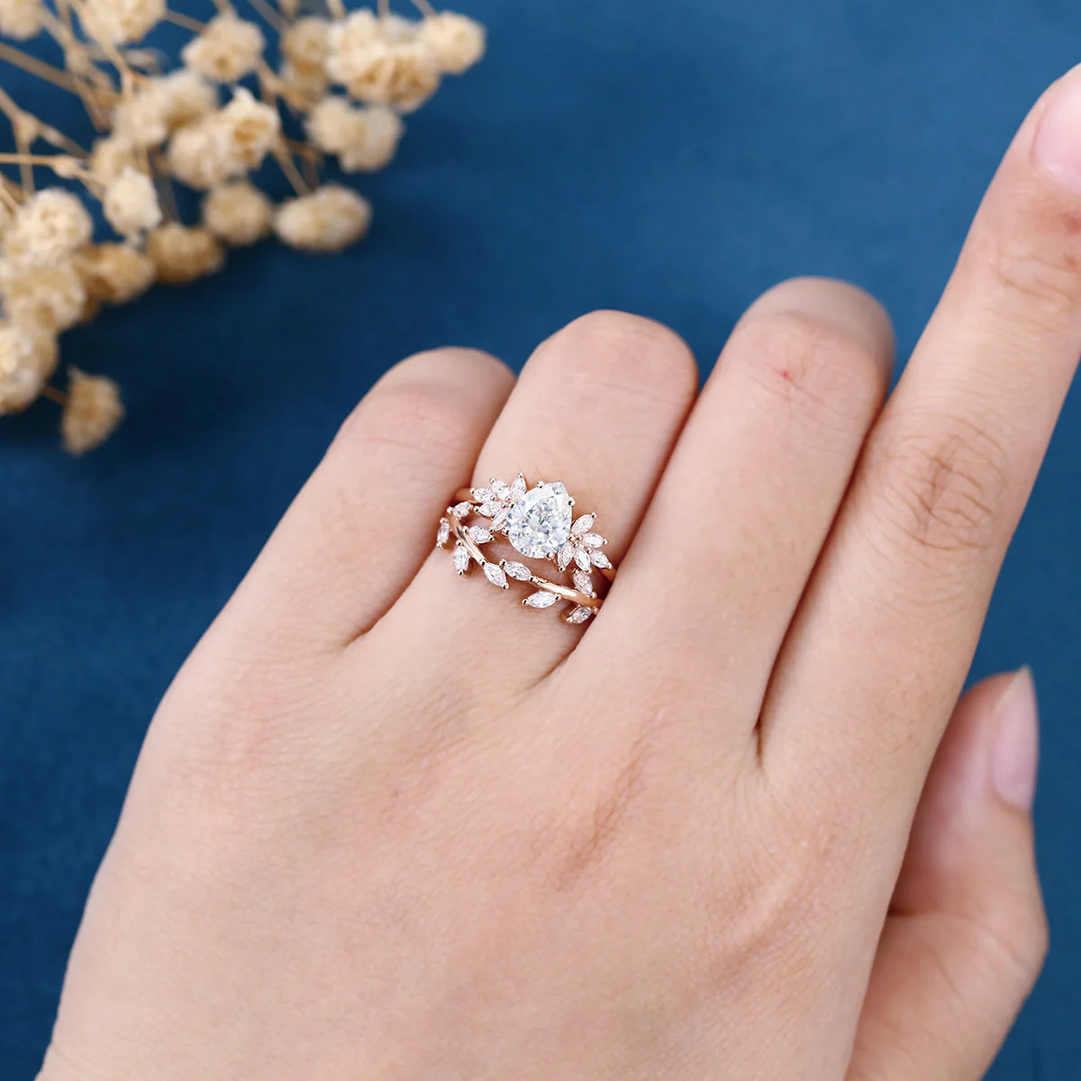 Pear cut Lab-Grown Diamond Engagement ring Rose gold Cluster Diamond Wedding Bridal Set - Image 2