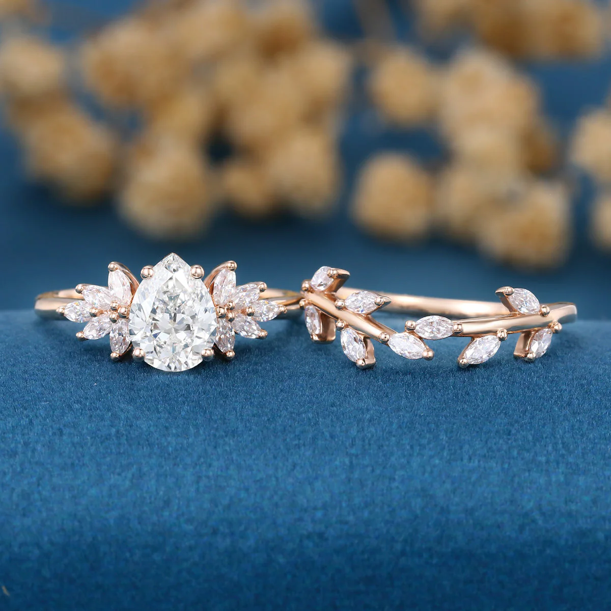 Pear cut Lab-Grown Diamond Engagement ring Rose gold Cluster Diamond Wedding Bridal Set - Image 3