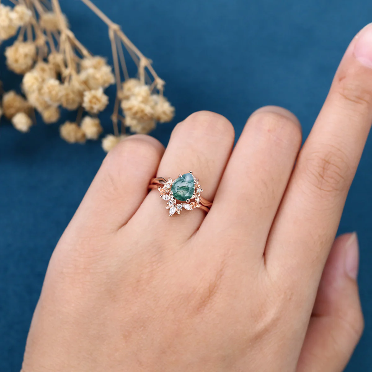 1.2Carat Pear Cut Moss Agate Cluster Engagement ring Bridal Set - Image 2