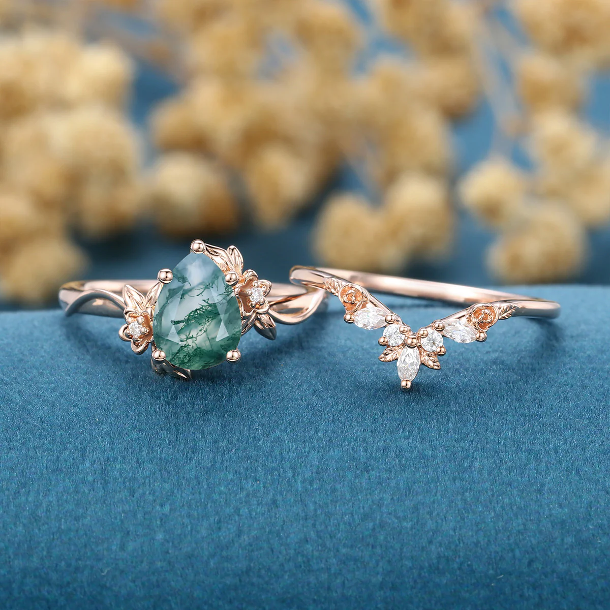 1.2Carat Pear Cut Moss Agate Cluster Engagement ring Bridal Set - Image 3