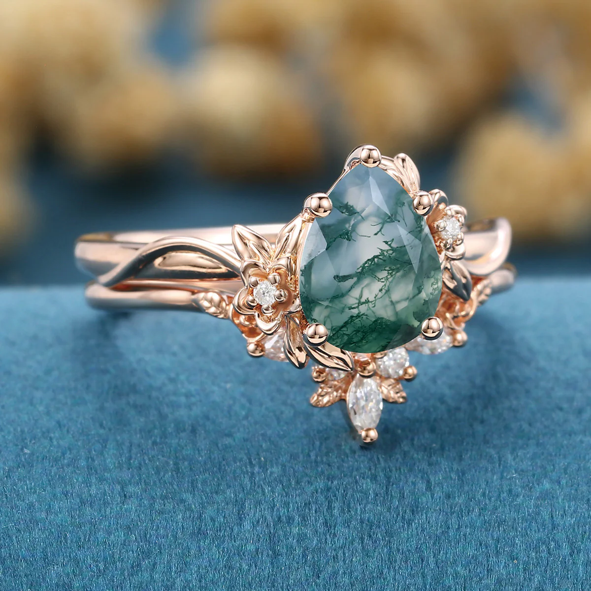 1.2Carat Pear Cut Moss Agate Cluster Engagement ring Bridal Set - Image 4