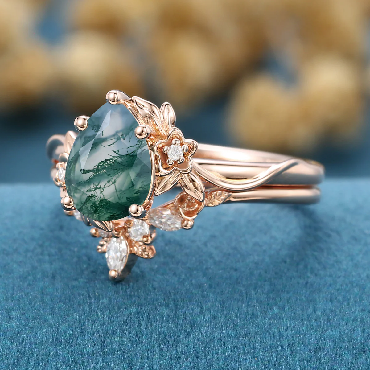 1.2Carat Pear Cut Moss Agate Cluster Engagement ring Bridal Set - Image 5
