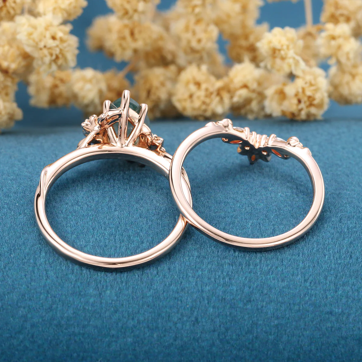1.2Carat Pear Cut Moss Agate Cluster Engagement ring Bridal Set - Image 6