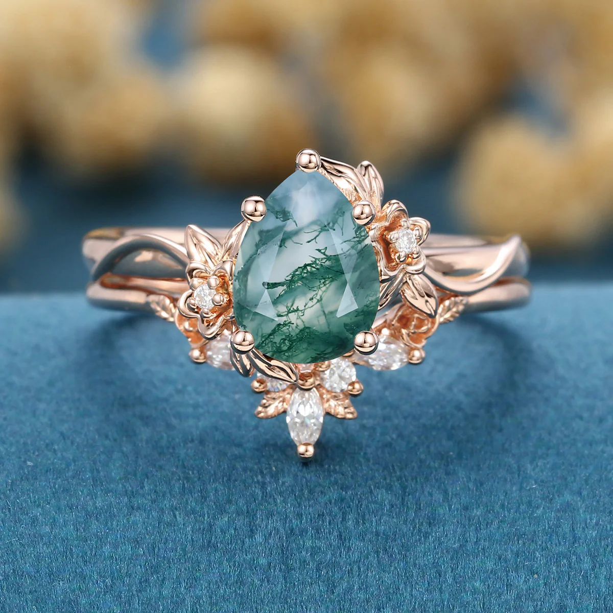 1.2Carat Pear Cut Moss Agate Cluster Engagement ring Bridal Set - Image 7