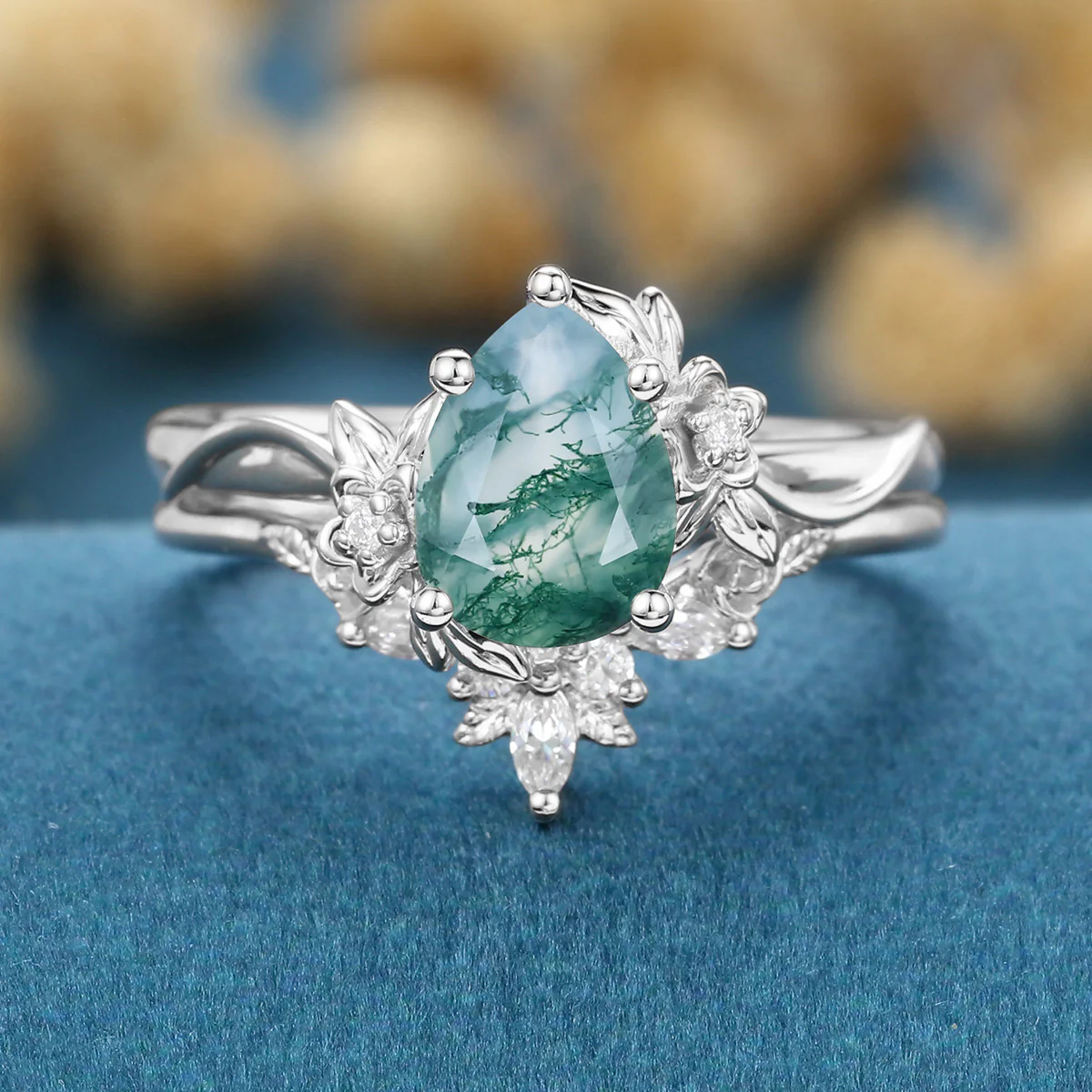1.2Carat Pear Cut Moss Agate Cluster Engagement ring Bridal Set - Image 8