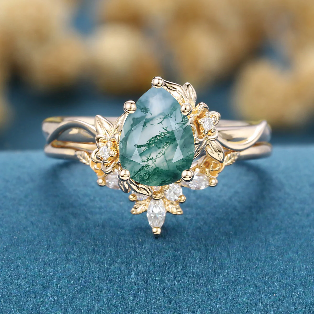 1.2Carat Pear Cut Moss Agate Cluster Engagement ring Bridal Set - Image 9