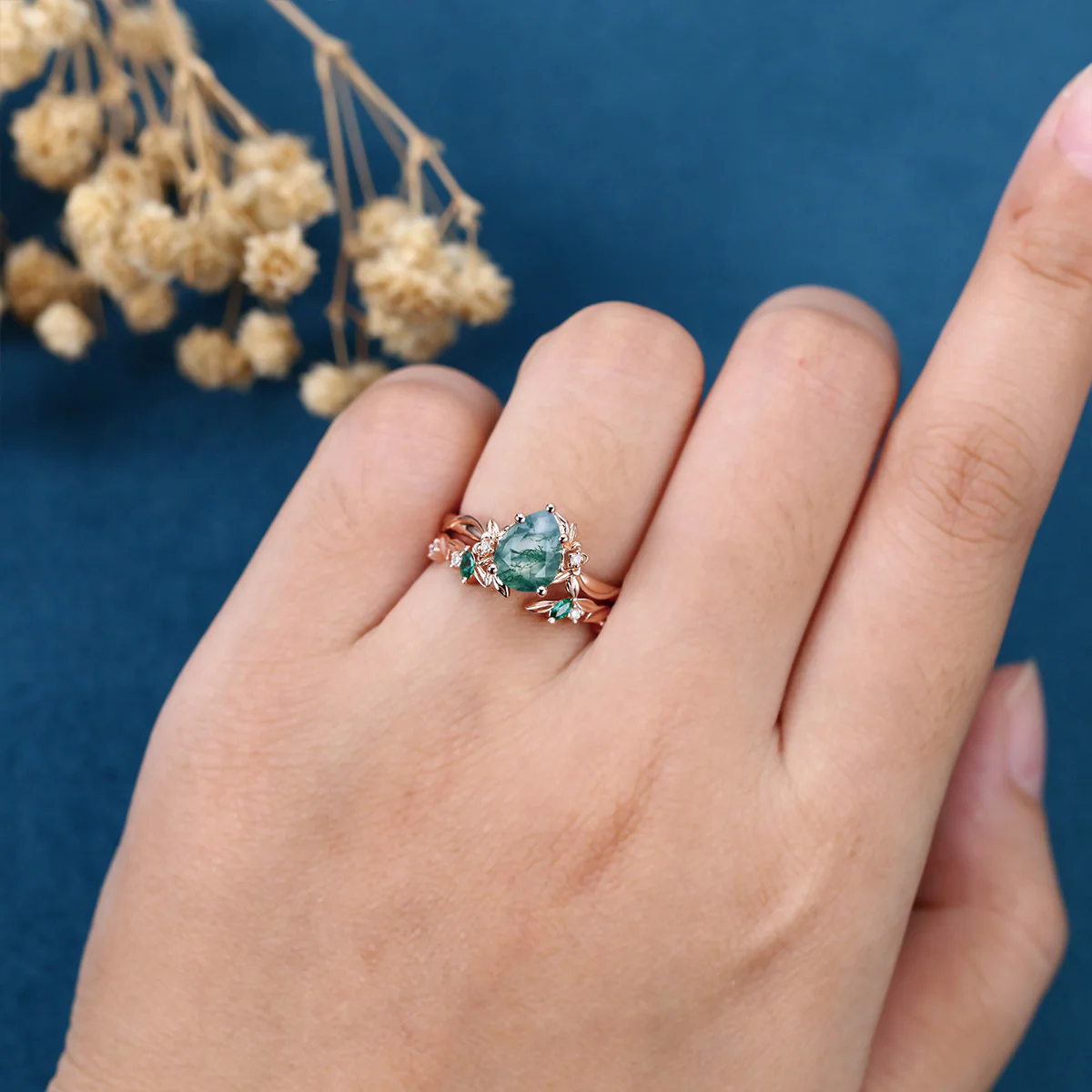 1.2Carat Pear Cut Moss Agate Cluster Engagement ring Bridal Set - Image 2