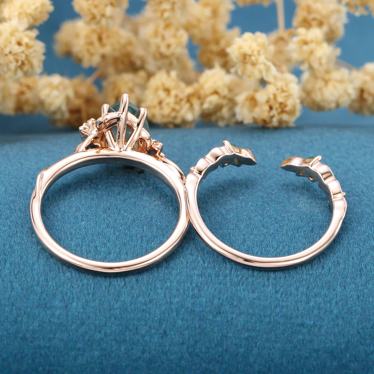 1.2Carat Pear Cut Moss Agate Cluster Engagement ring Bridal Set - Image 3