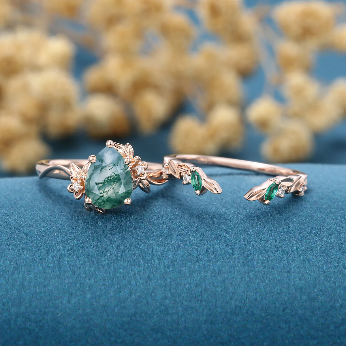 1.2Carat Pear Cut Moss Agate Cluster Engagement ring Bridal Set - Image 4