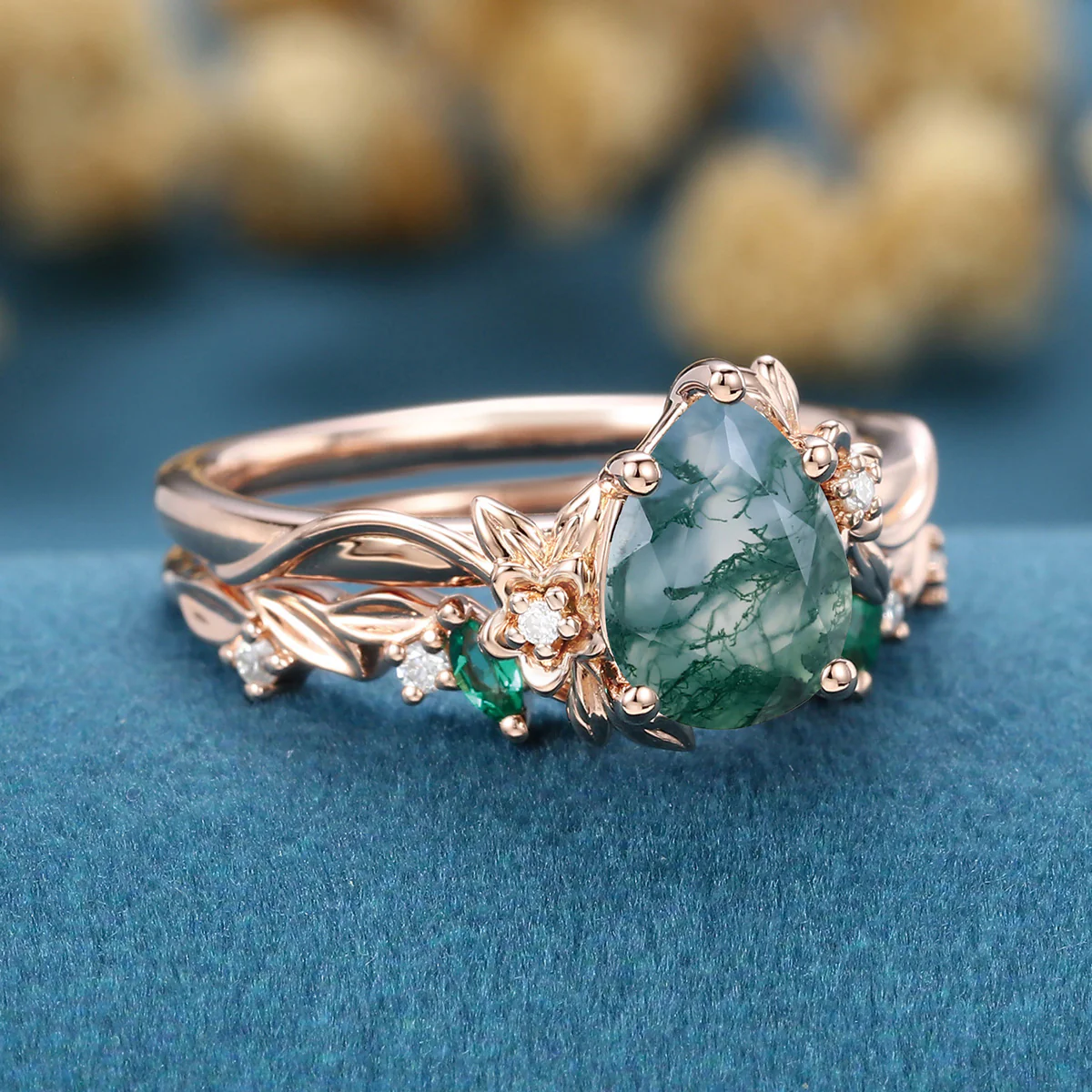 1.2Carat Pear Cut Moss Agate Cluster Engagement ring Bridal Set - Image 5