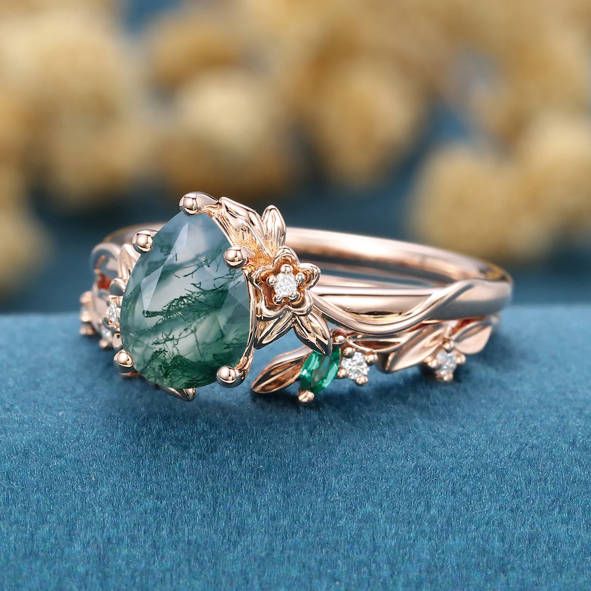 1.2Carat Pear Cut Moss Agate Cluster Engagement ring Bridal Set - Image 7