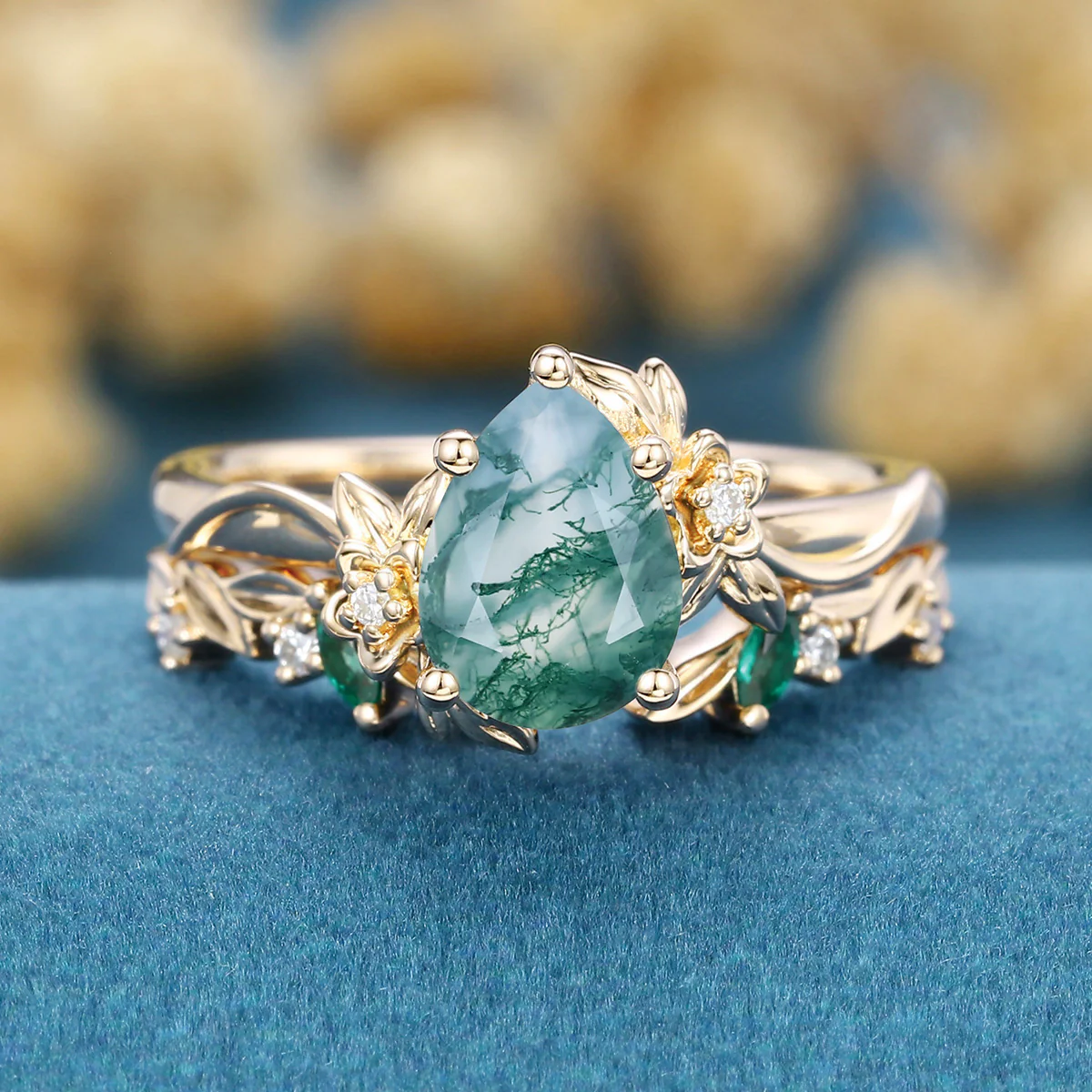 1.2Carat Pear Cut Moss Agate Cluster Engagement ring Bridal Set - Image 9