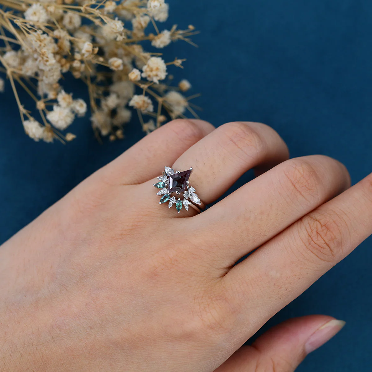 Kite Cut Lab Alexandrite Wedding bridal set - Image 2