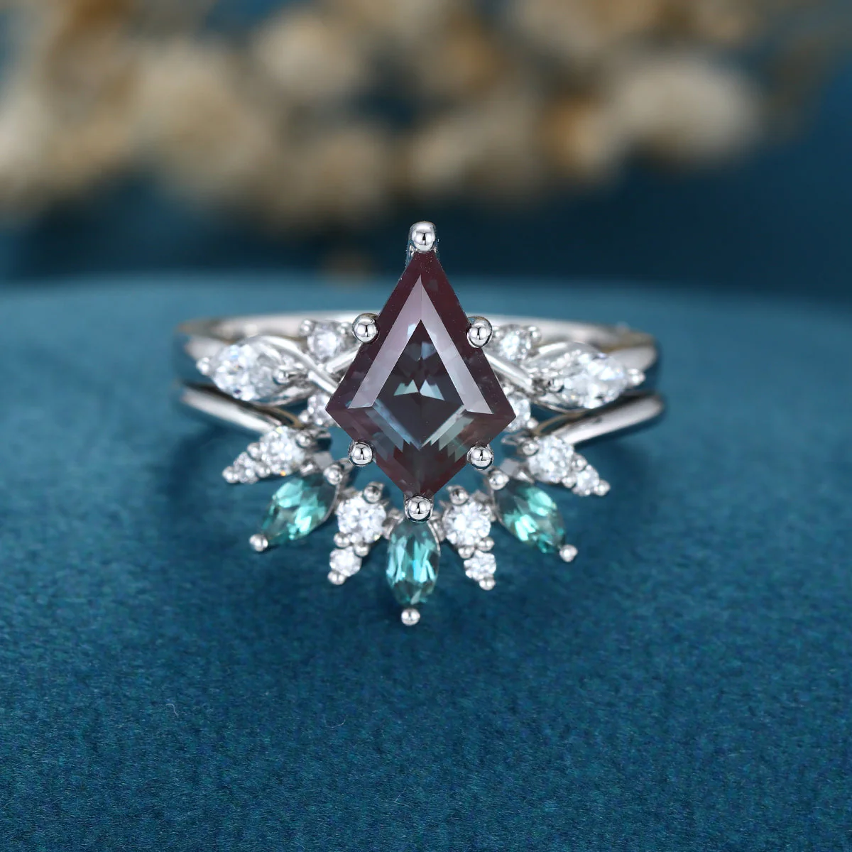 Kite Cut Lab Alexandrite Wedding bridal set - Image 4