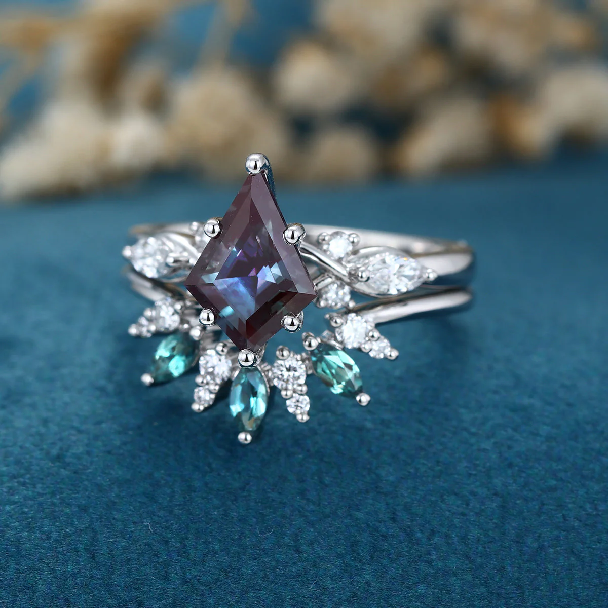 Kite Cut Lab Alexandrite Wedding bridal set - Image 5