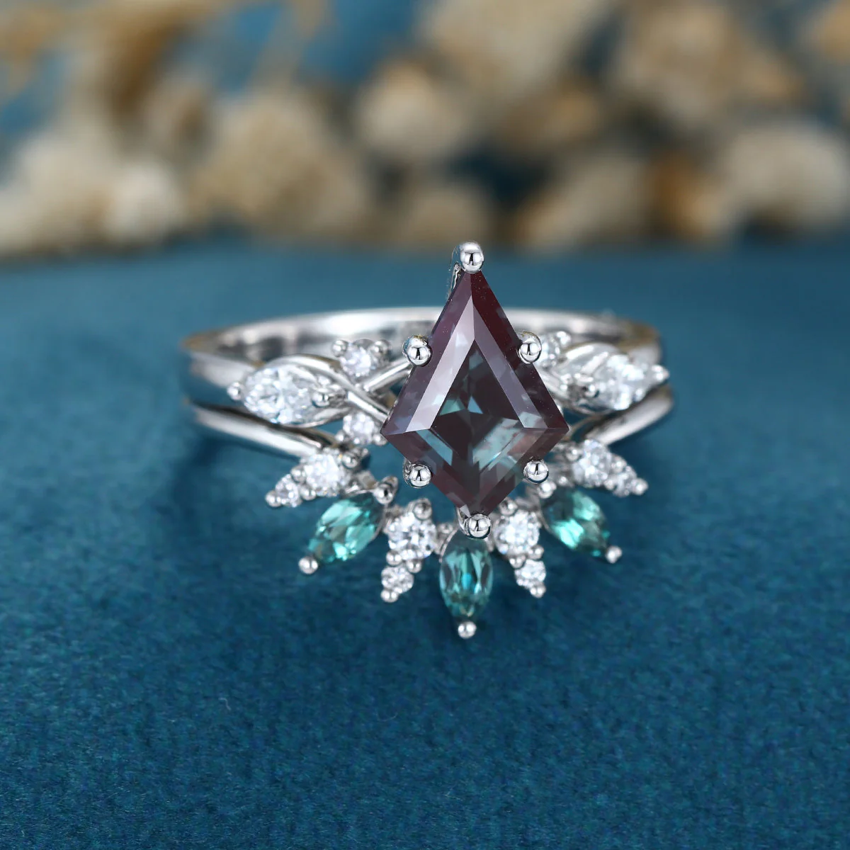Kite Cut Lab Alexandrite Wedding bridal set - Image 6