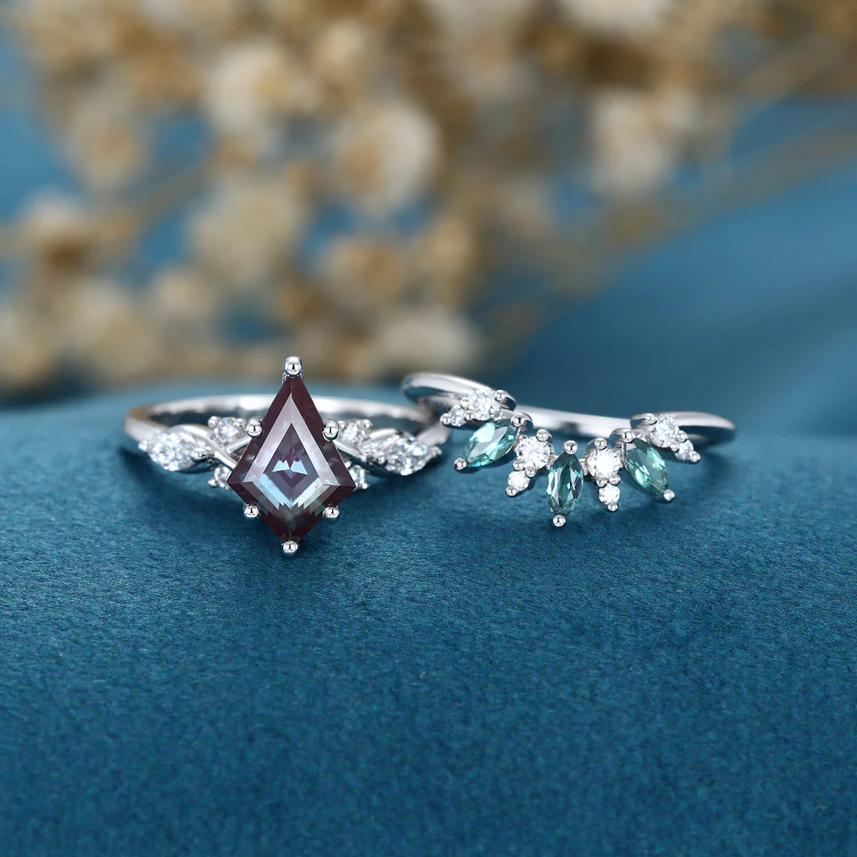Kite Cut Lab Alexandrite Wedding bridal set - Image 7