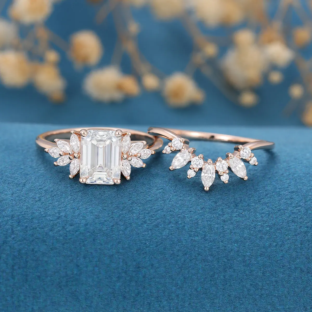 1.7Carat Vintage Emerald cut Moissanite Cluster Engagement Ring Set - Image 3