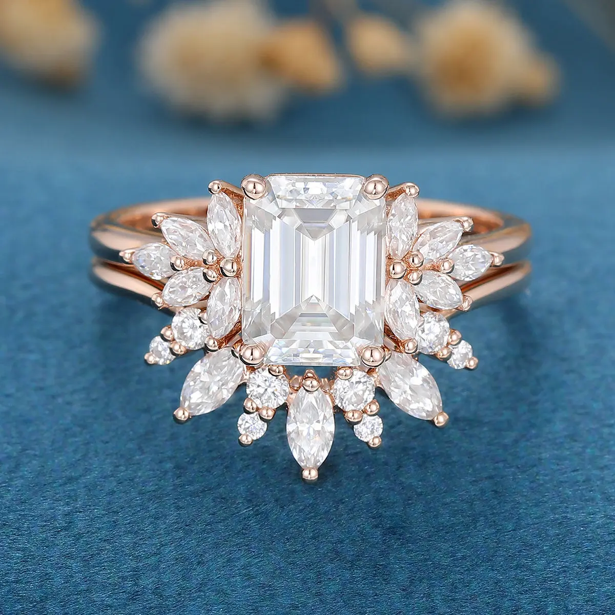 1.7Carat Vintage Emerald cut Moissanite Cluster Engagement Ring Set - Image 4