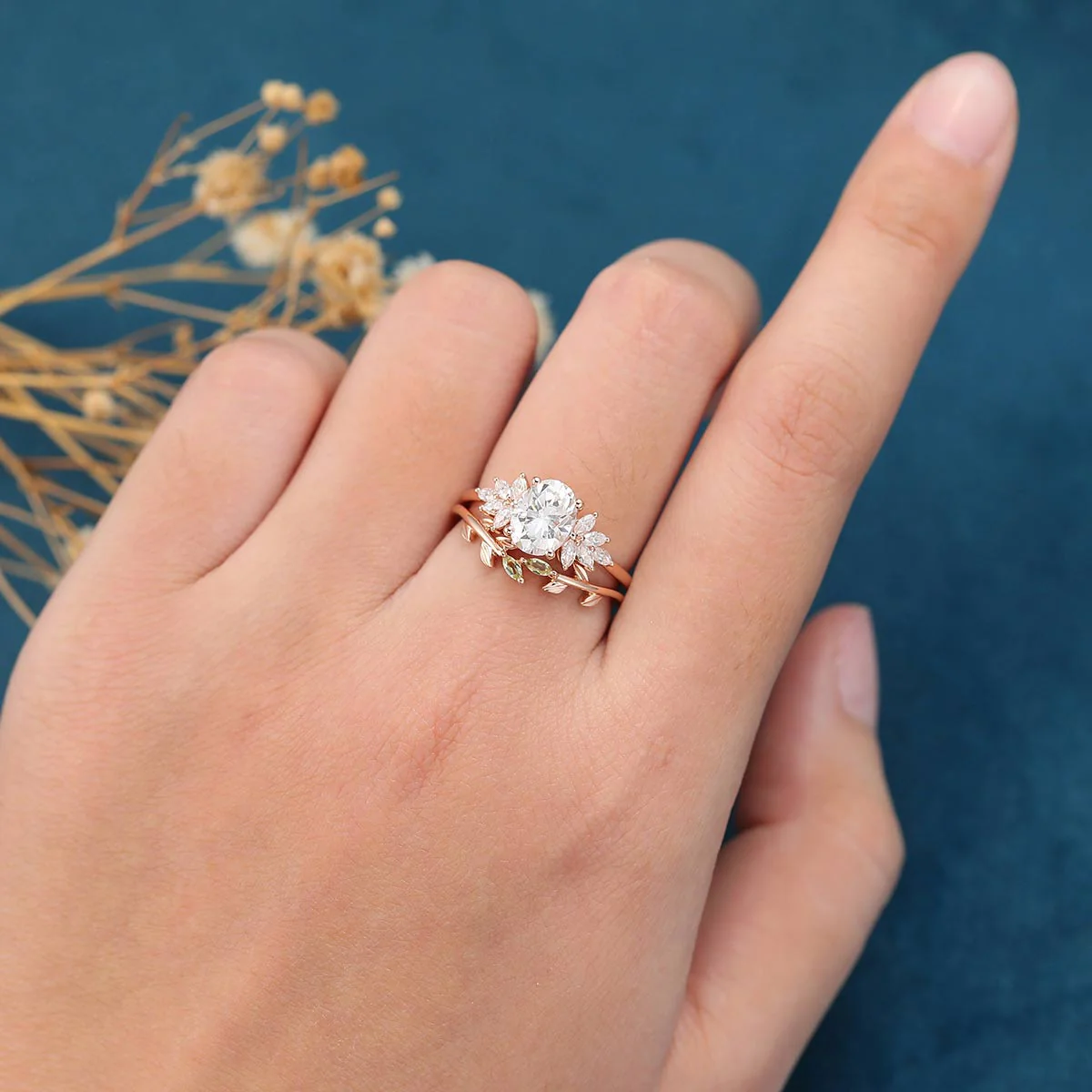 1.5 Carat Oval cut Moissanite Cluster Engagement ring  Olivine wedding Bridal Set - Image 2