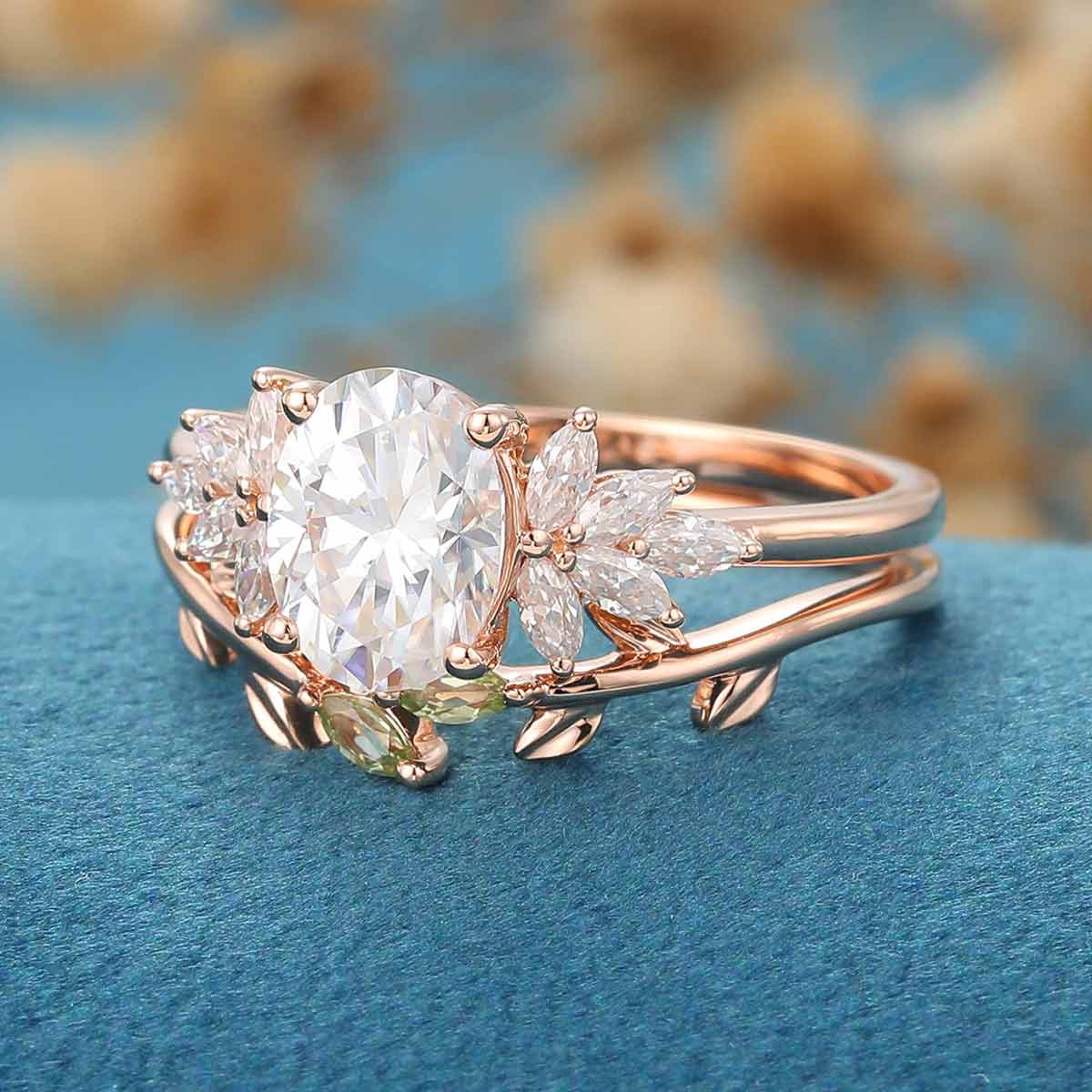 1.5 Carat Oval cut Moissanite Cluster Engagement ring  Olivine wedding Bridal Set - Image 3