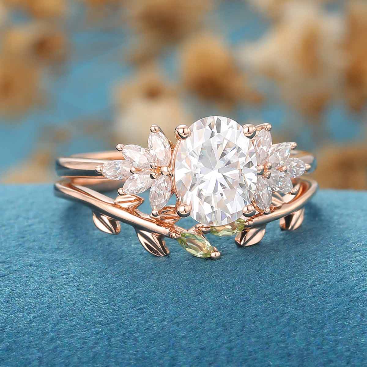 1.5 Carat Oval cut Moissanite Cluster Engagement ring  Olivine wedding Bridal Set - Image 4