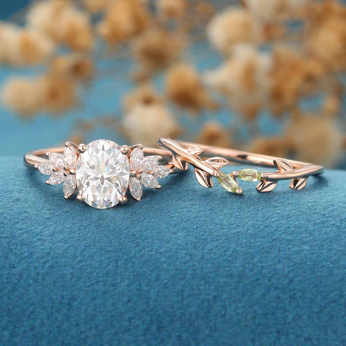 1.5 Carat Oval cut Moissanite Cluster Engagement ring  Olivine wedding Bridal Set - Image 5