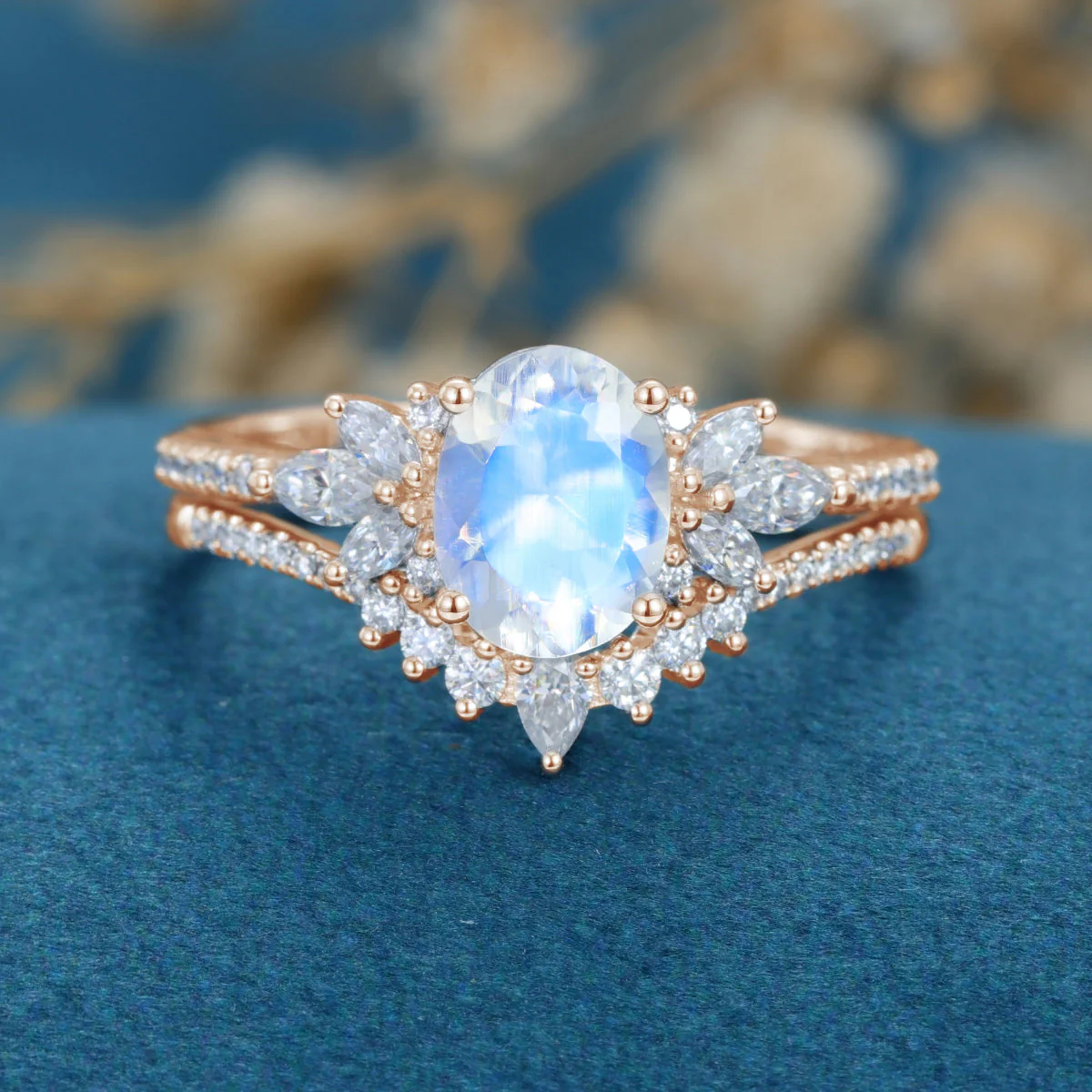 1.5 Carat Oval cut Moonstone Cluster Engagement ring Bridal Set - Image 8