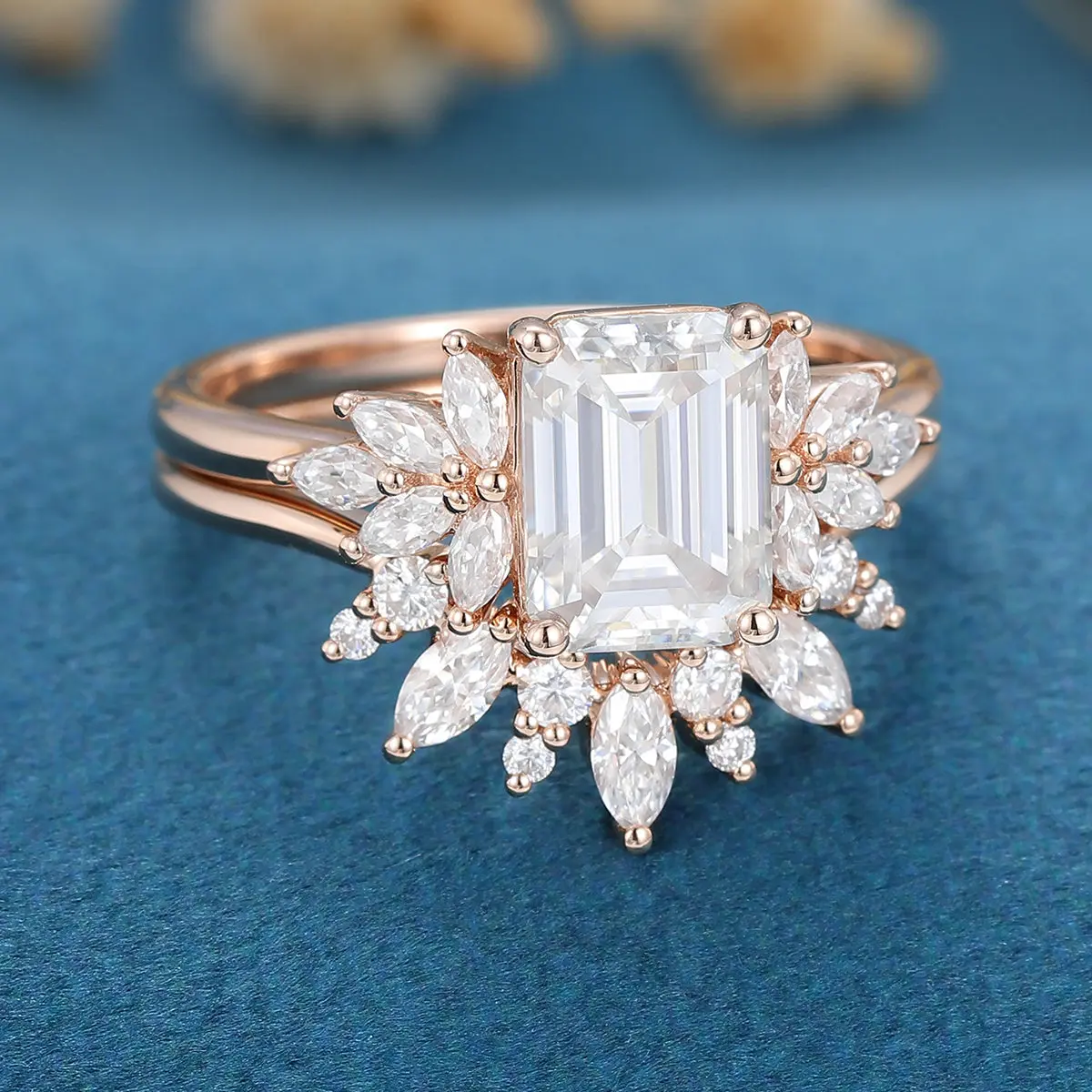 1.7Carat Vintage Emerald cut Moissanite Cluster Engagement Ring Set - Image 5