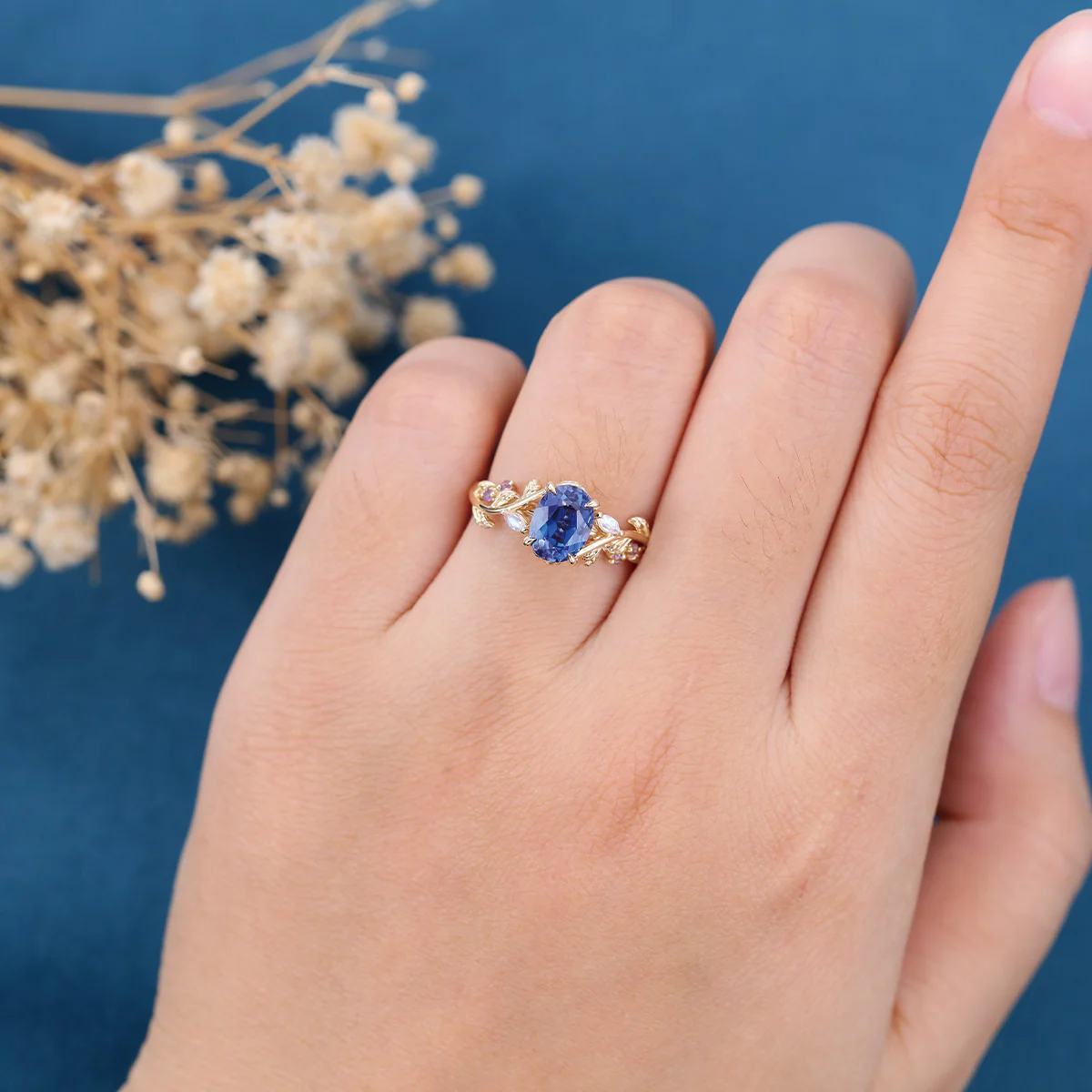 Oval Cut Lab Sapphire Leaf Engagement ring - Image 2
